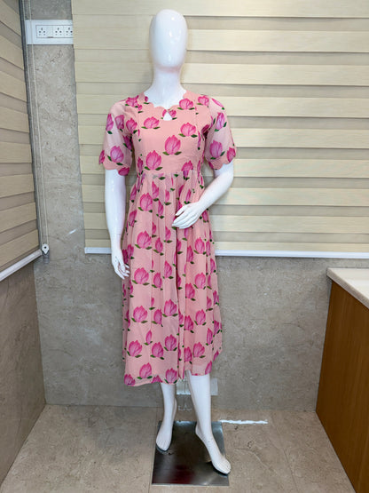 Peach Pink Tulip Printed Georgette Feeding Maxi
