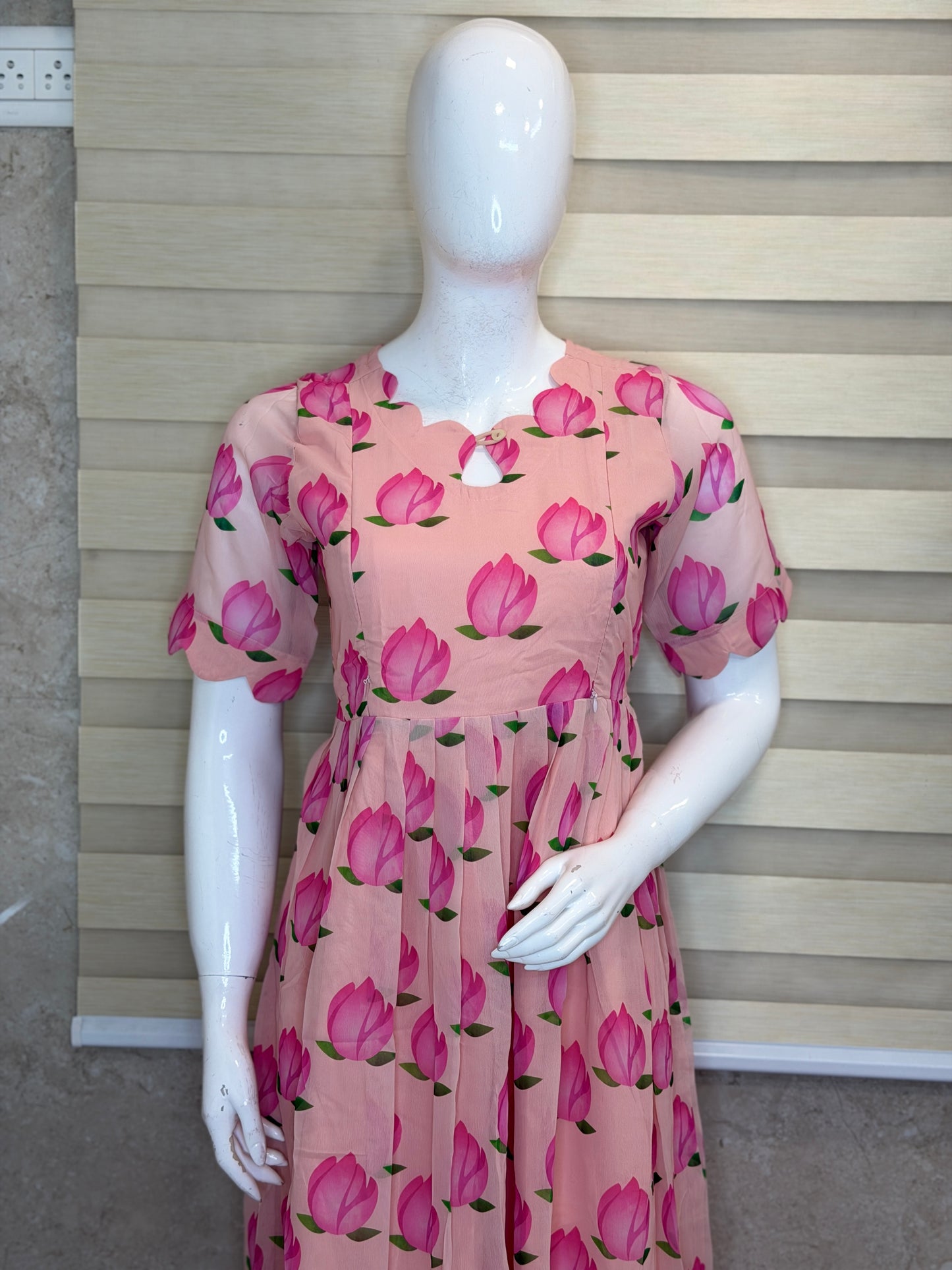 Peach Pink Tulip Printed Georgette Feeding Maxi