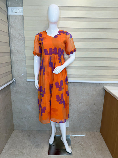 Orange Purple Floral Printed Georgette Feeding Maxi