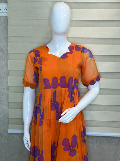 Orange Purple Floral Printed Georgette Feeding Maxi