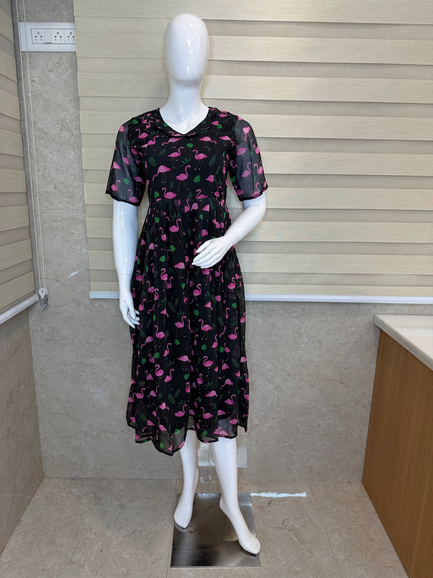 Black Pink Flamingo Printed Georgette Feeding Maxi