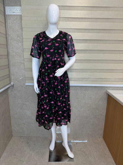 Black Pink Flamingo Printed Georgette Feeding Maxi