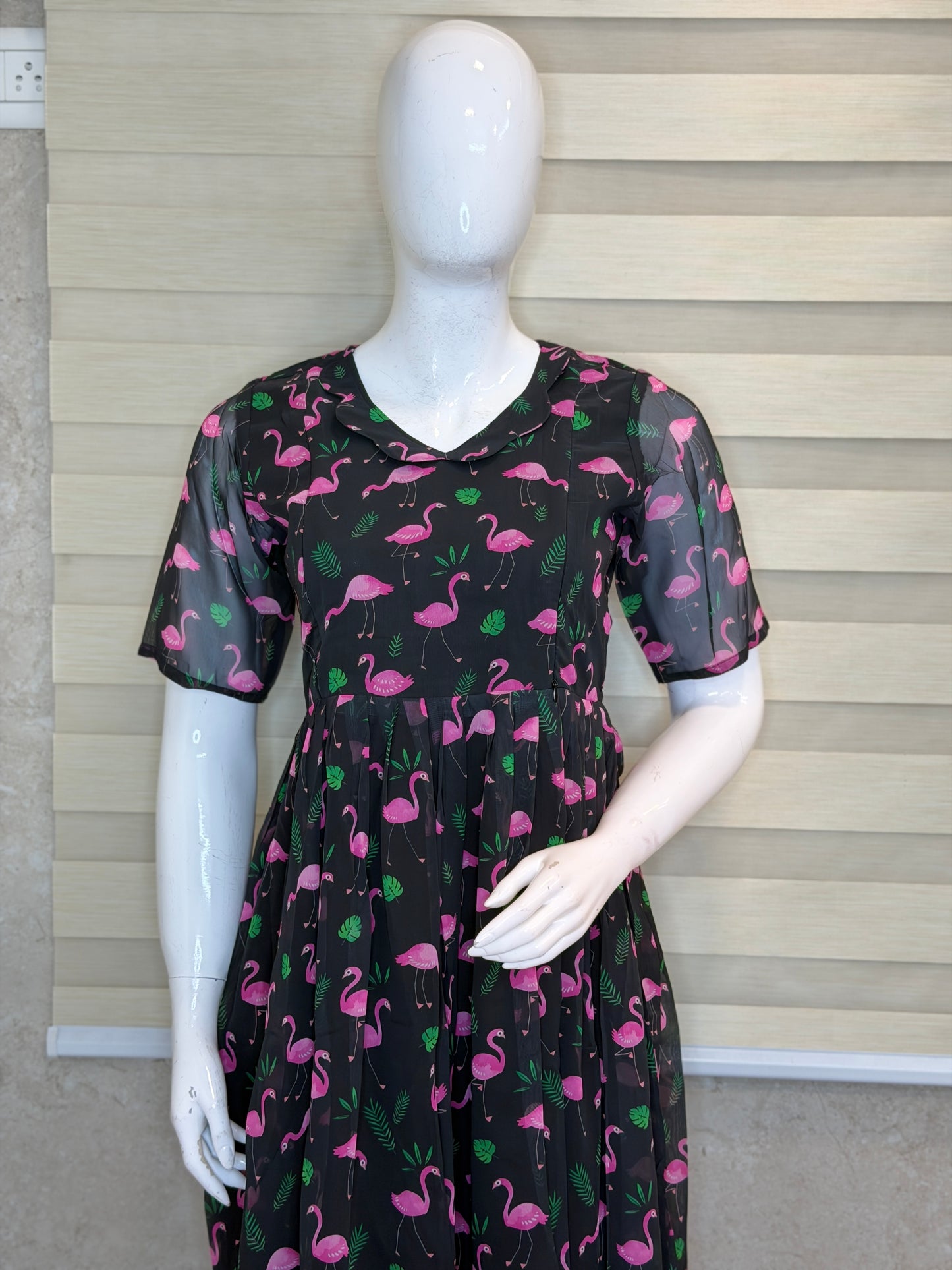 Black Pink Flamingo Printed Georgette Feeding Maxi