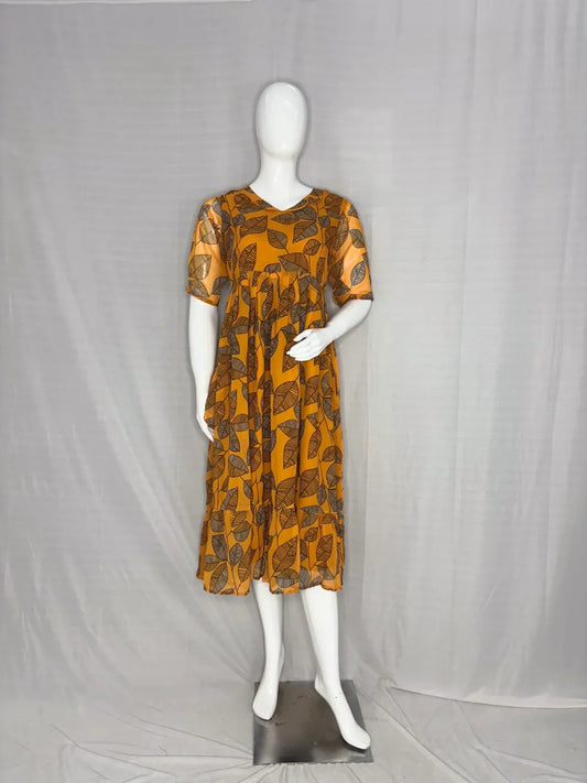 Mustard Leaf Printed Georgette Outdoor Non-Feeding Maxi