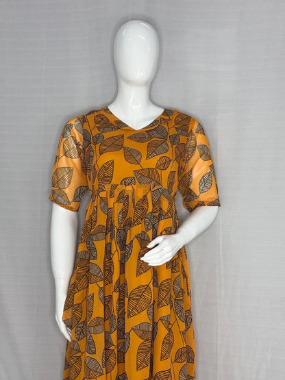 Mustard Leaf Printed Georgette Outdoor Non-Feeding Maxi