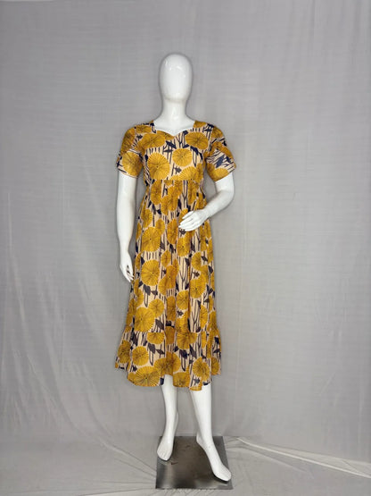 Beige With Yellow Floral Printed Georgette Outdoor Non-Feeding Maxi