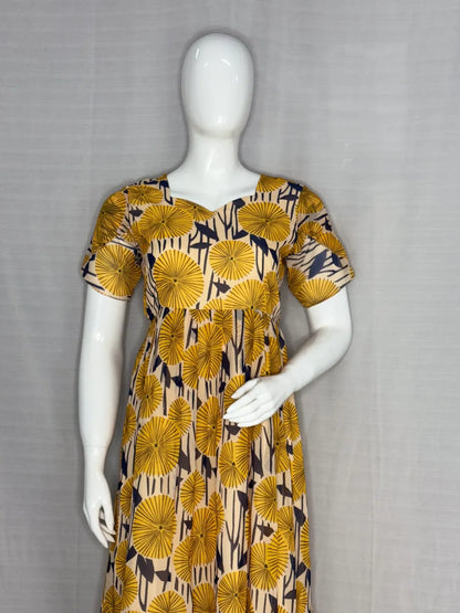 Beige With Yellow Floral Printed Georgette Outdoor Non-Feeding Maxi