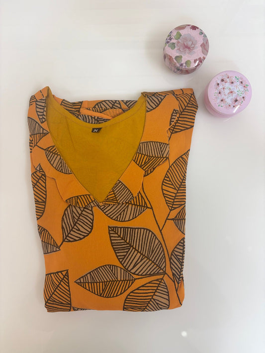 Mustard Leaf Printed Georgette Outdoor Non-Feeding Maxi