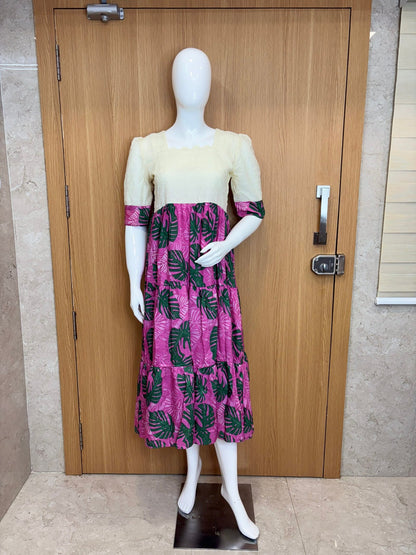 Half White Violet Floral Printed Hakoba Feeding Maxi