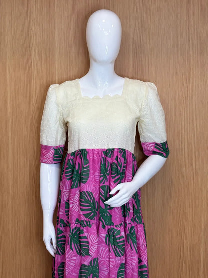 Half White Violet Floral Printed Hakoba Non Feeding Maxi
