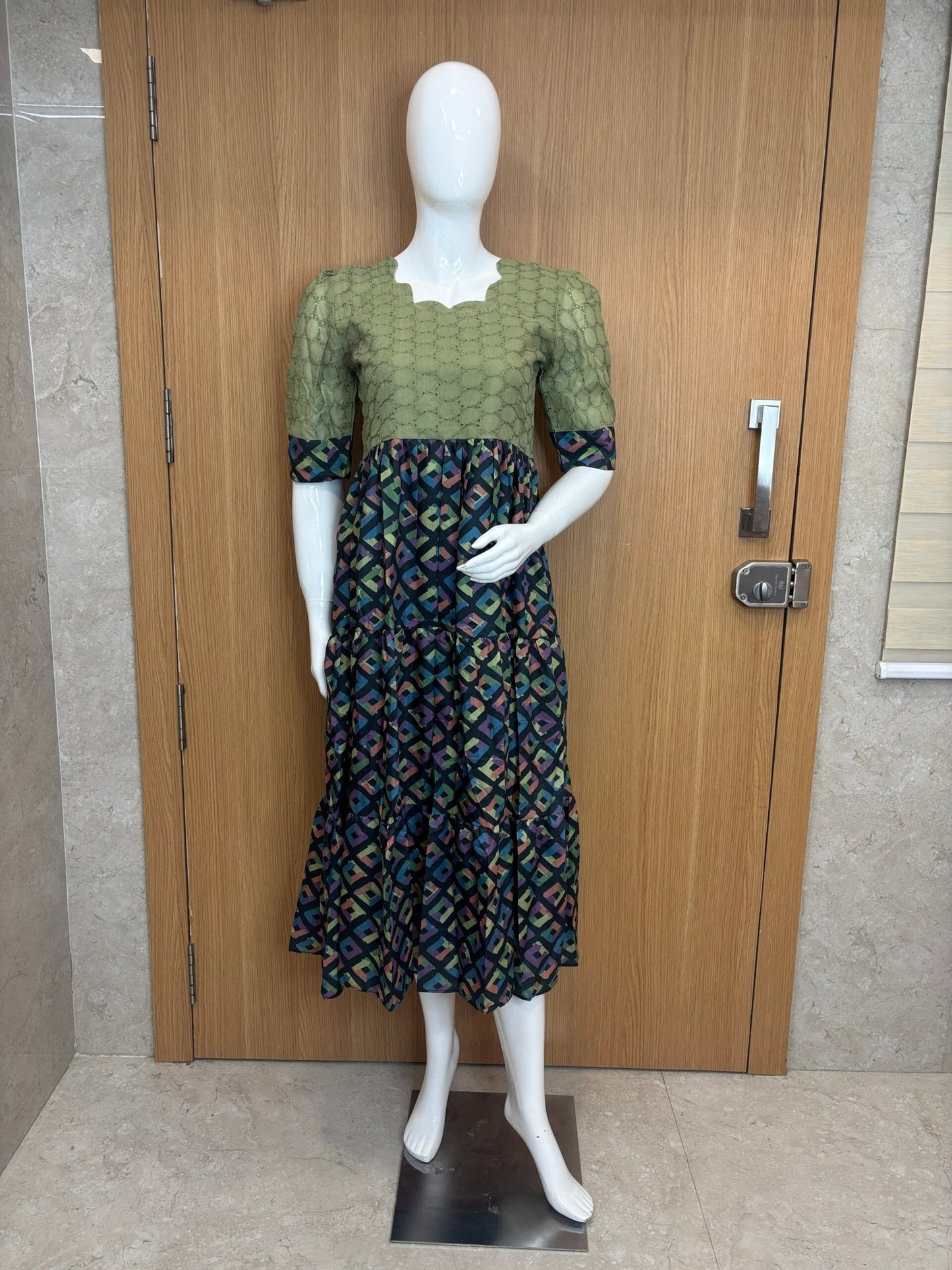 Green Black Pattern Printed Hakoba Non Feeding Maxi