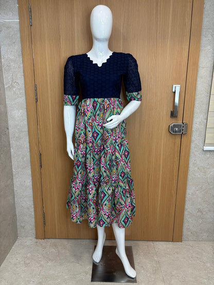 Navy Blue Green Pattern Printed Hakoba Non Feeding Maxi