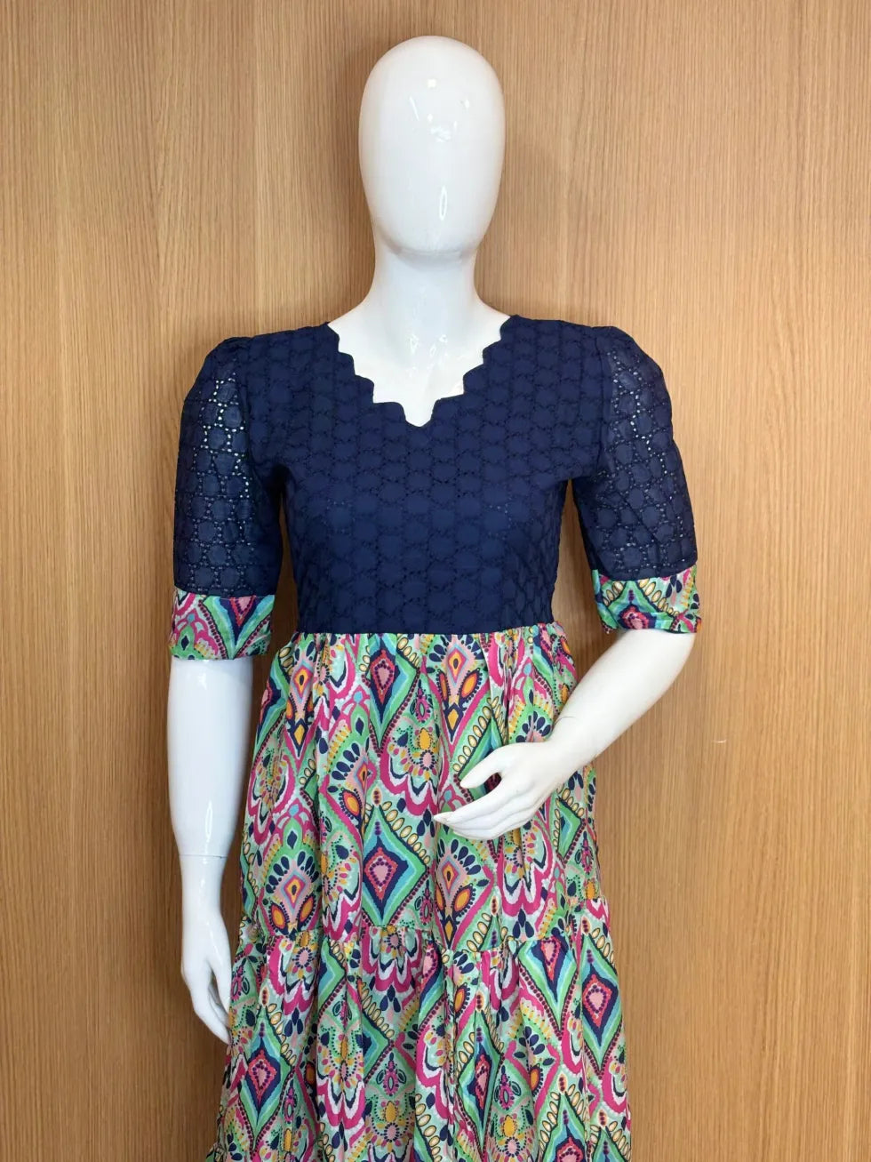 Navy Blue Green Pattern Printed Hakoba Non Feeding Maxi