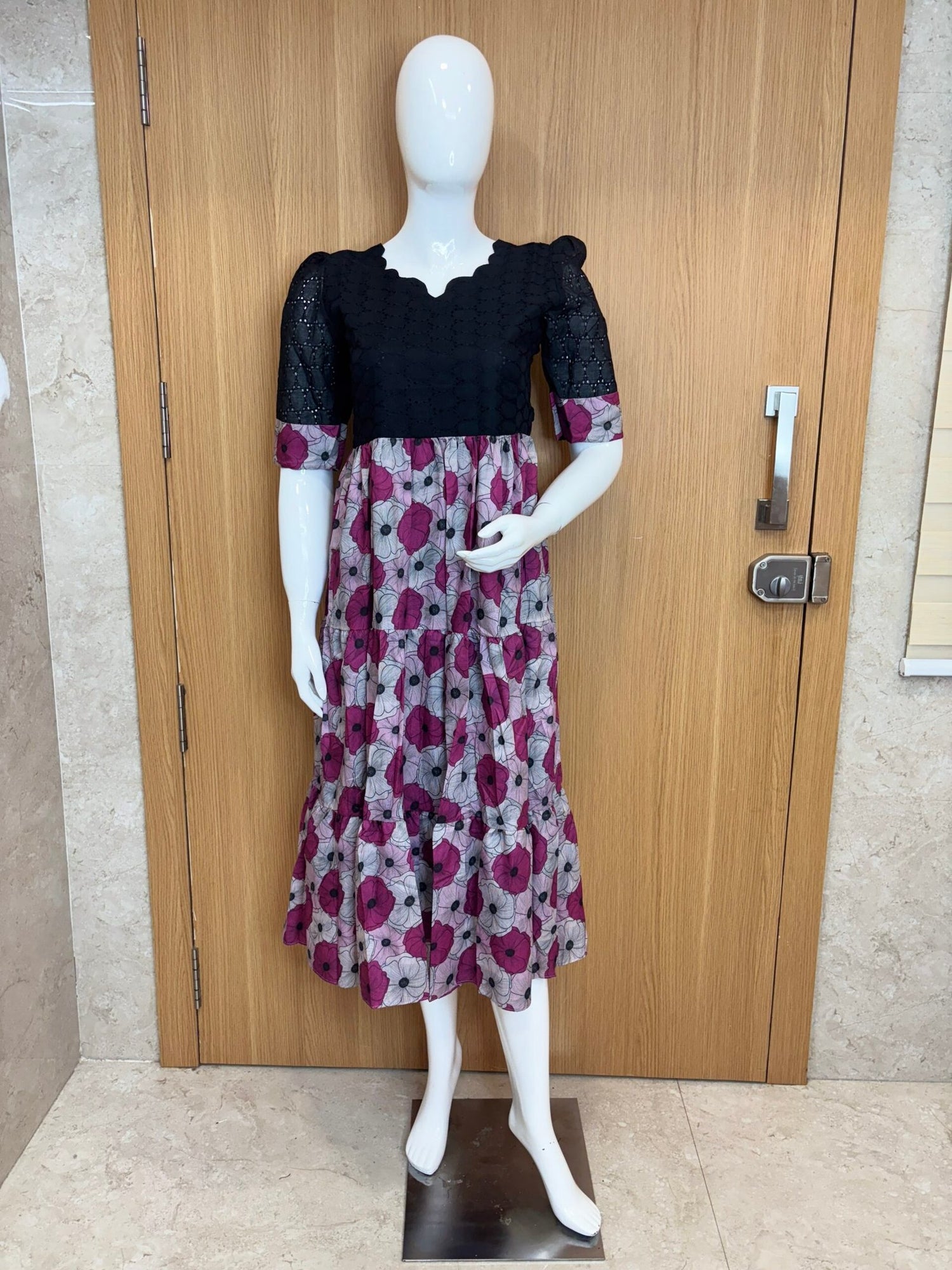 Black Purple Floral Printed Hakoba Feeding Maxi
