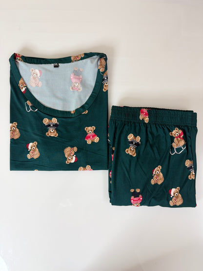 Dark Green Teddy Printed T-Shirt and Palazzo Set