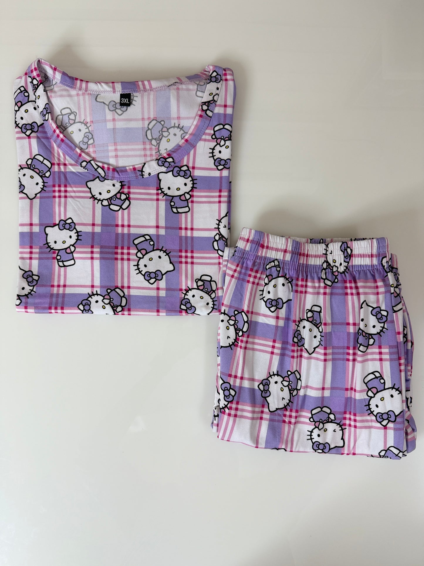 Lavender Checkered Kitty Printed T-Shirt and Palazzo Set