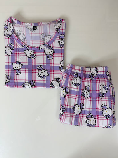 Lavender Checkered Kitty Printed T-Shirt and Palazzo Set