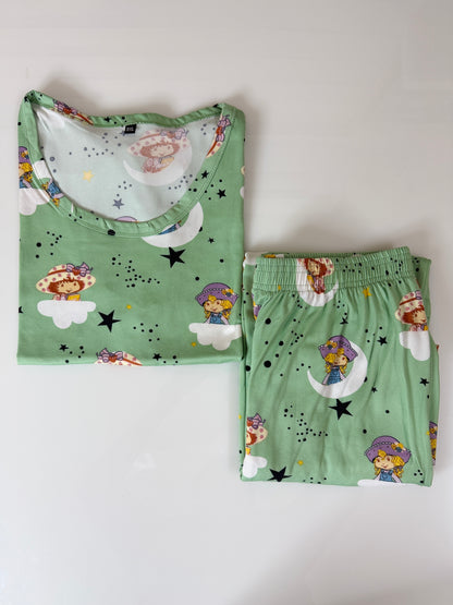 Mint Green Girl & Moon Printed T-Shirt and Palazzo Set