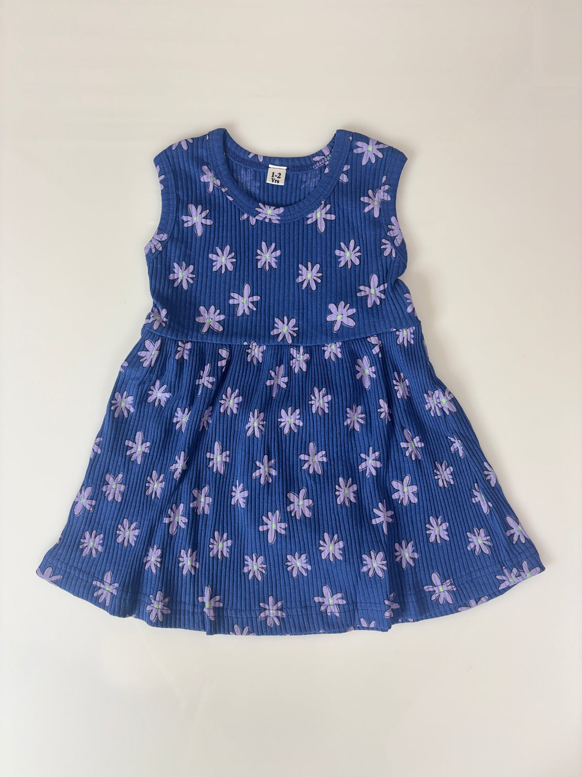 Royal Blue Lavender Daisy Print Kids Ribbed Sleeveless Frock