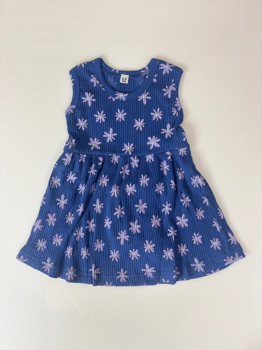 Royal Blue Lavender Daisy Print Kids Ribbed Sleeveless Frock