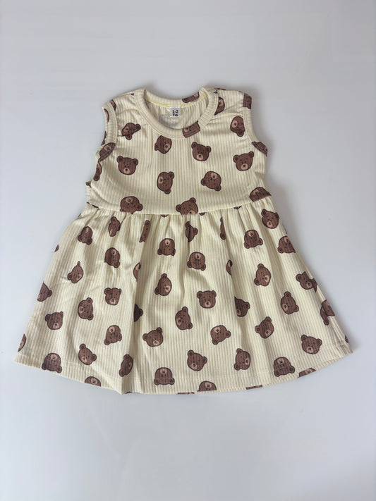 Cream Beige Teddy Bear Print Kids Ribbed Sleeveless Frock
