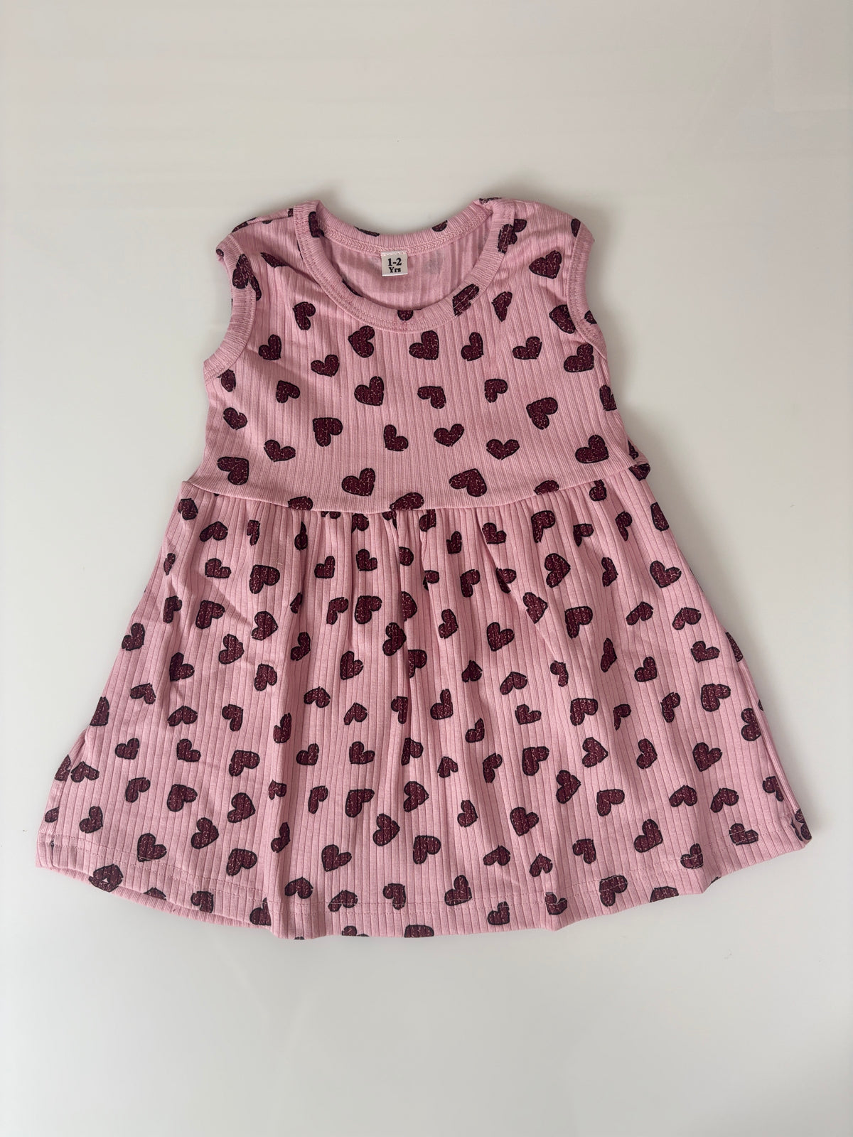 Dusty Pink Maroon Heart Print Kids Ribbed Sleeveless Frock