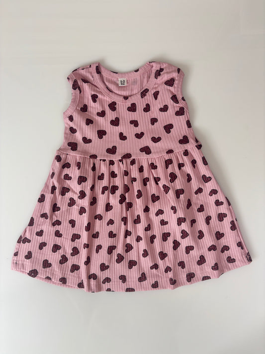 Dusty Pink Maroon Heart Print Kids Ribbed Sleeveless Frock