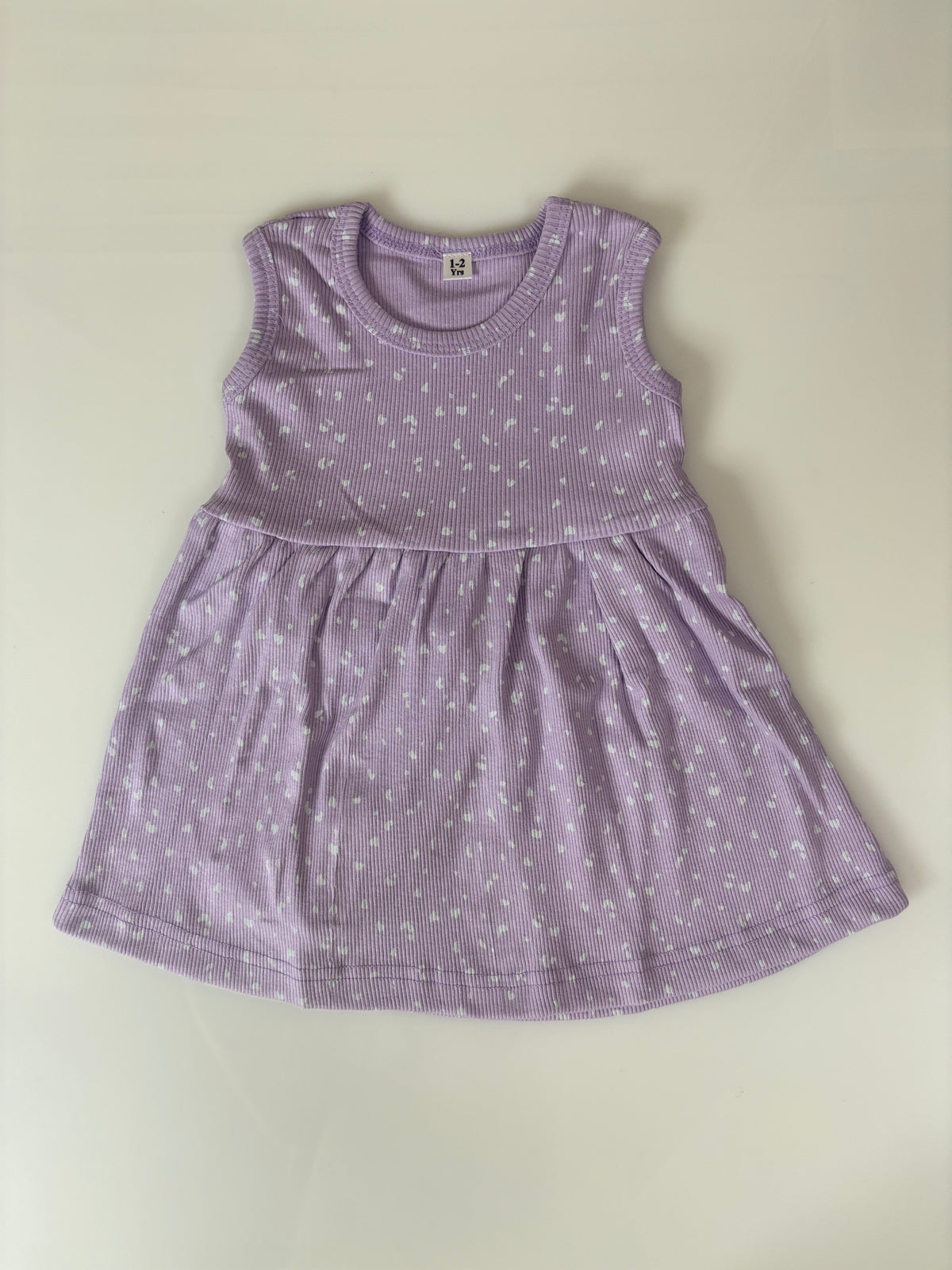 Lavender White Mini Dot Print Kids Ribbed Sleeveless Frock