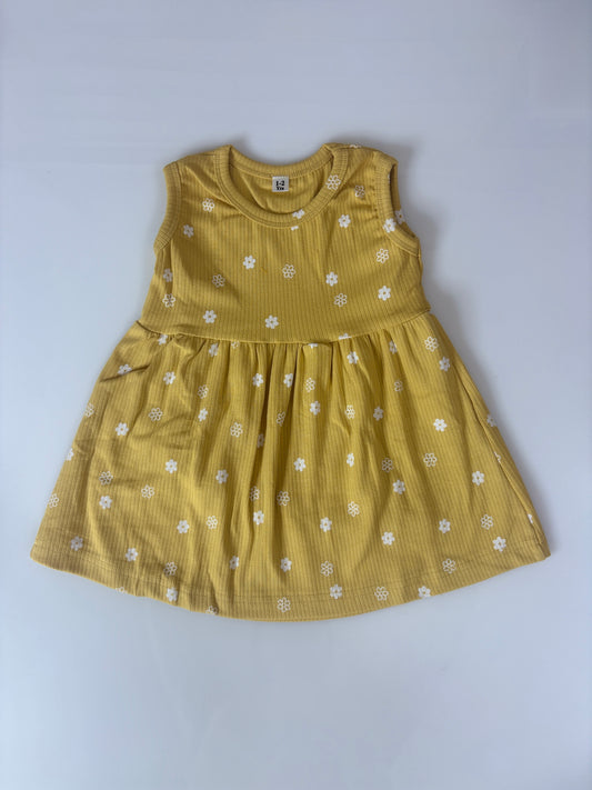 Mustard Yellow White Daisy Print Kids Ribbed Sleeveless Frock