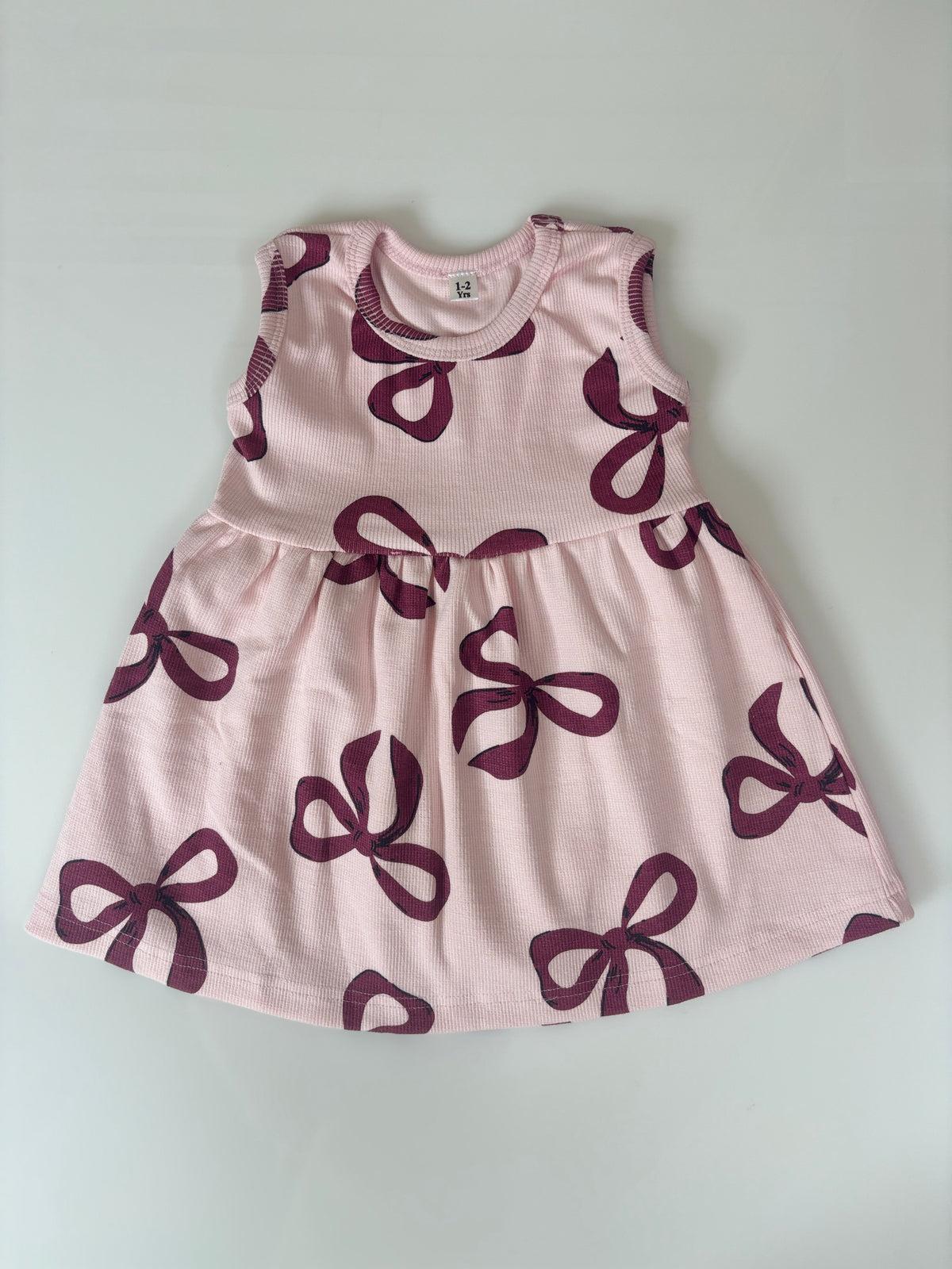 Blush Pink Burgundy Bow Print Kids Ribbed Sleeveless Frock