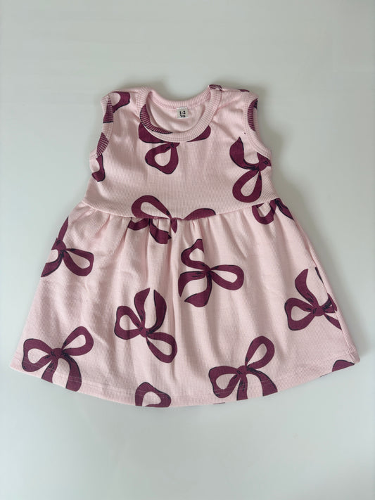 Blush Pink Burgundy Bow Print Kids Ribbed Sleeveless Frock