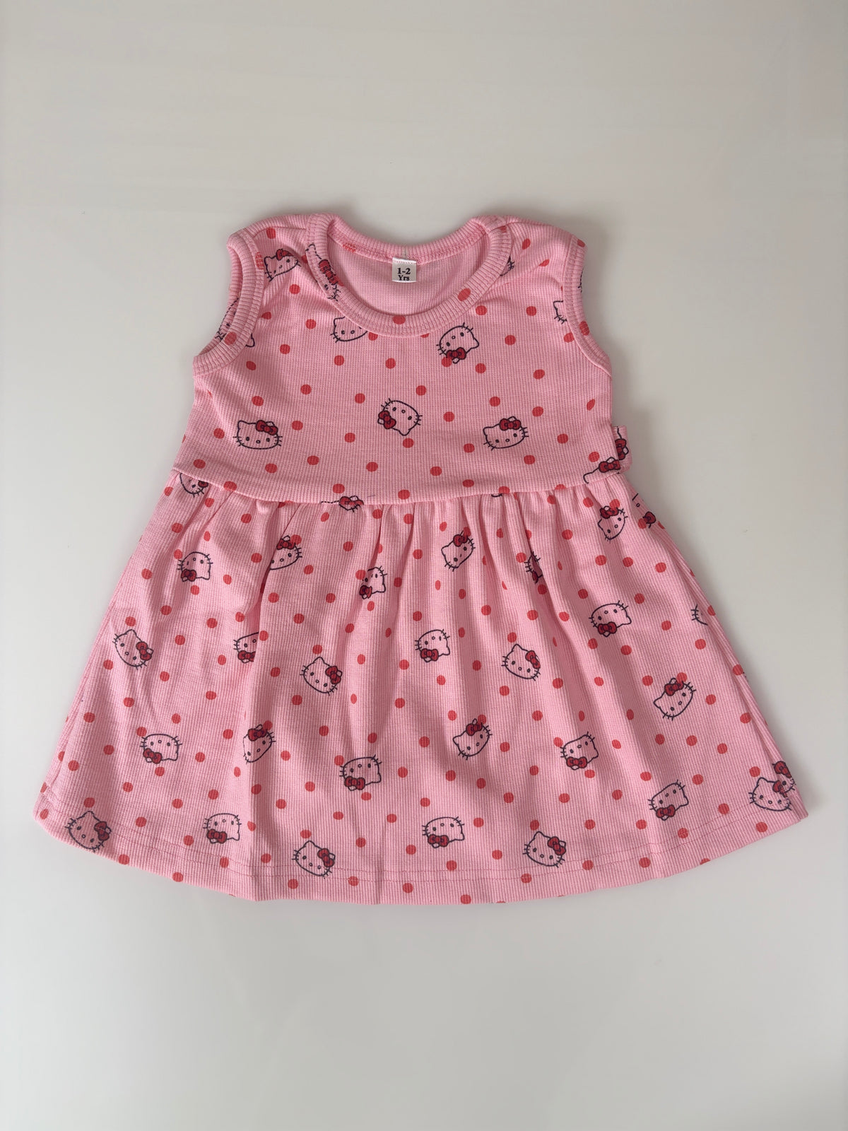 Baby Pink Hello Kitty Polka Dot Print Kids Ribbed Sleeveless Frock