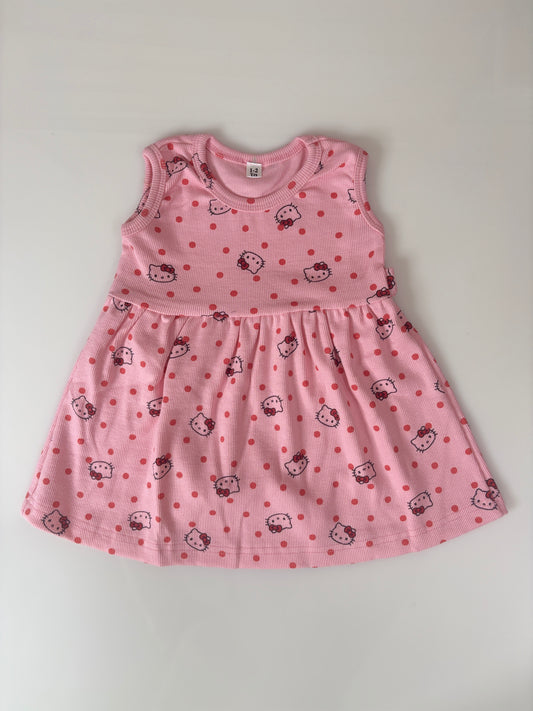 Baby Pink Hello Kitty Polka Dot Print Kids Ribbed Sleeveless Frock