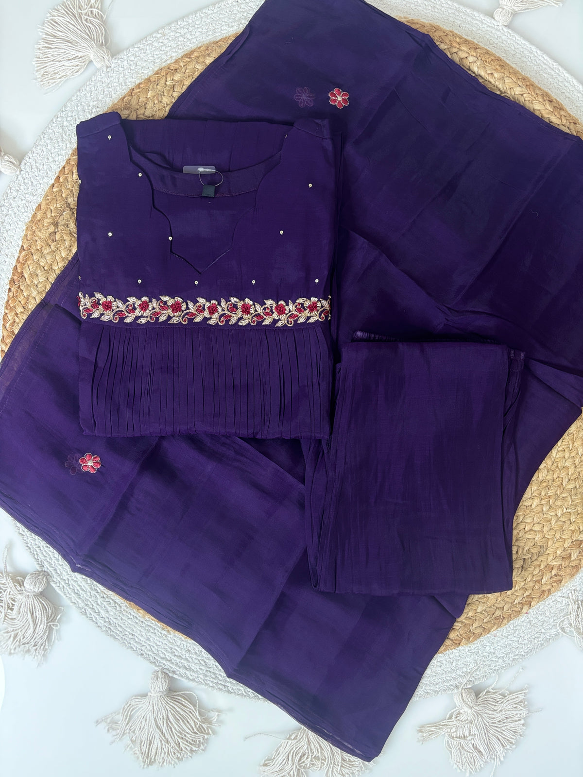 Mul chanderi A line with work Deep Purple Floral Embroidered 3-Piece Suit