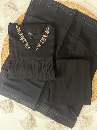 Mul chanderi A line with work Black color Embroidered Anarkali 3 Piece suit