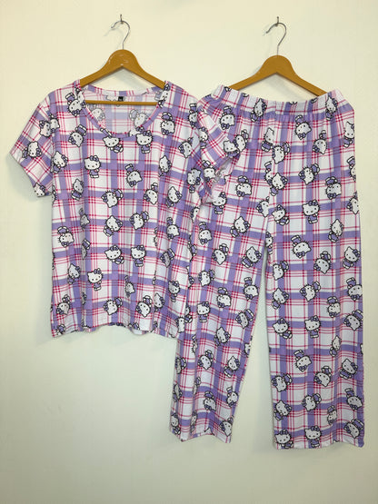 Lavender Checkered Kitty Printed T-Shirt and Palazzo Set