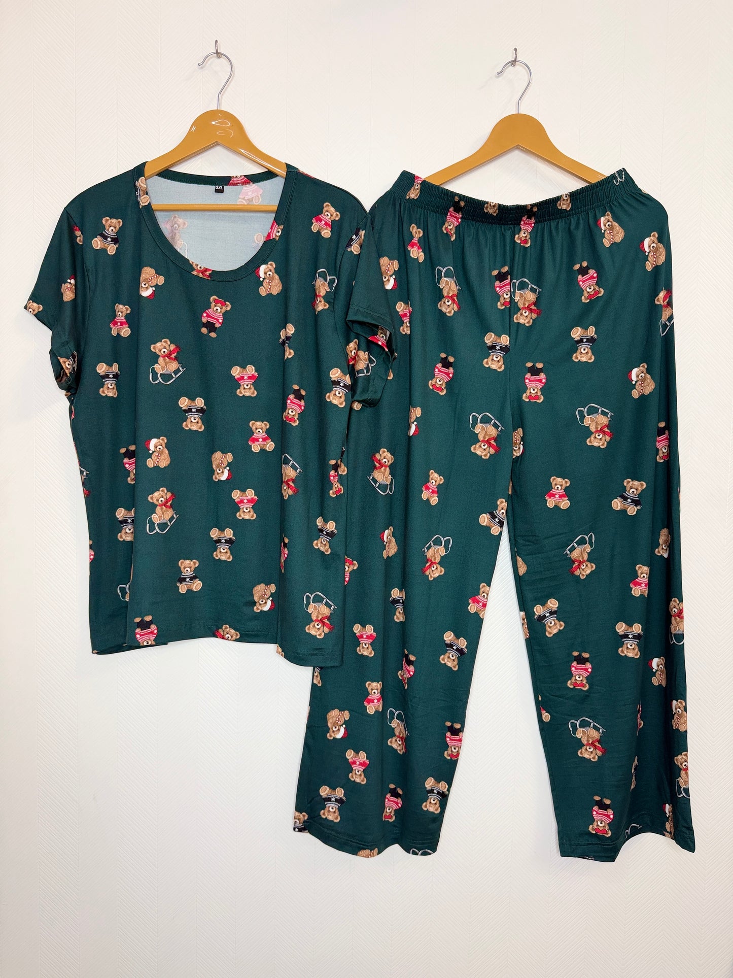 Dark Green Teddy Printed T-Shirt and Palazzo Set