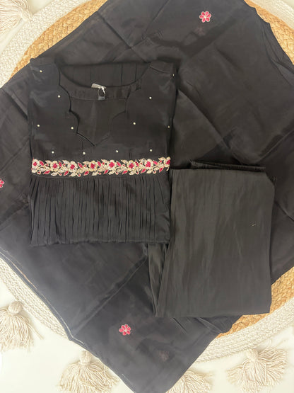 Mul Chanderi A line with work Black Red Floral Embroidered Anarkali 3 Piece suit