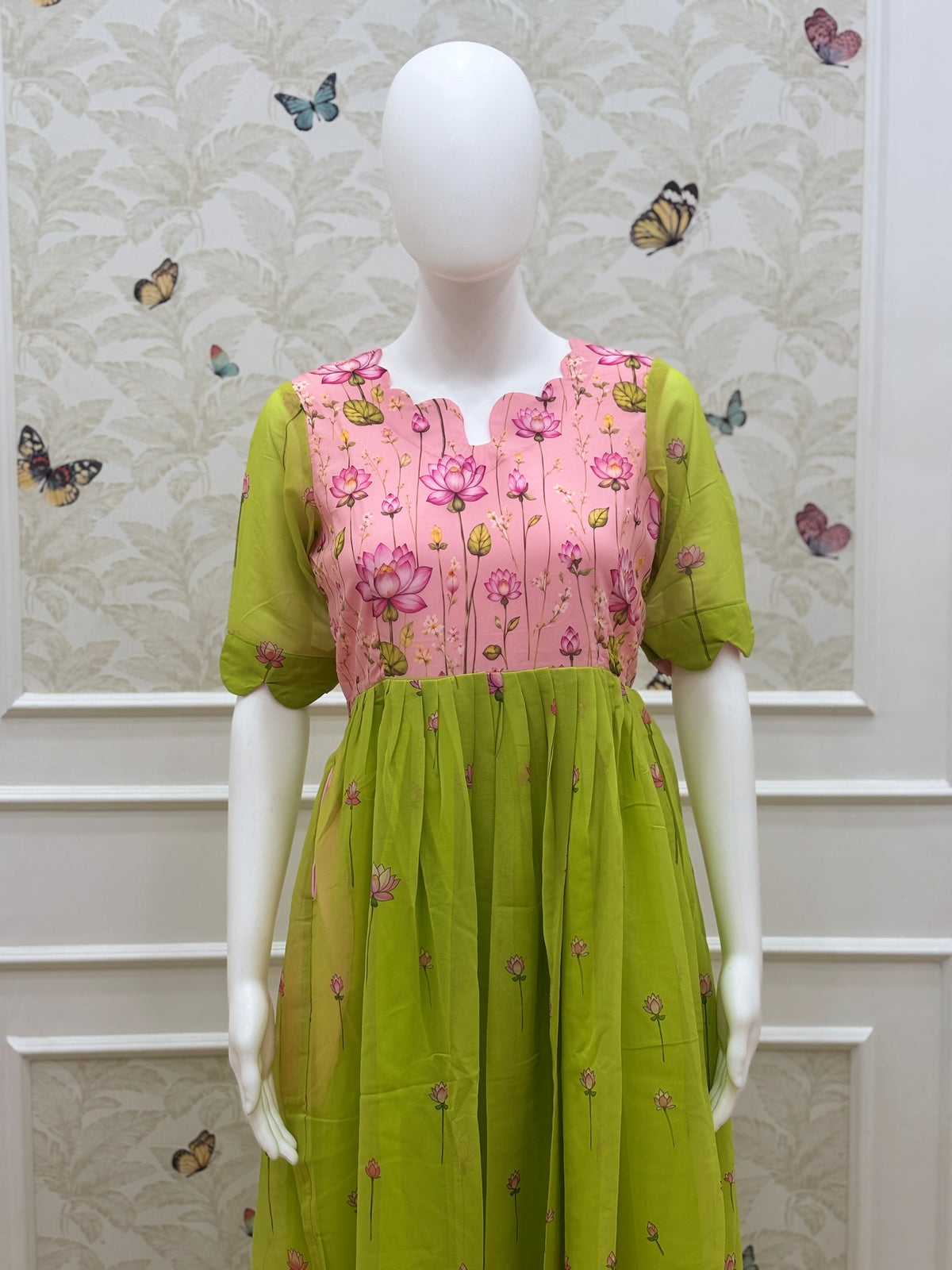 Lime Green Lotus Floral Georgette Non-Feeding Maxi