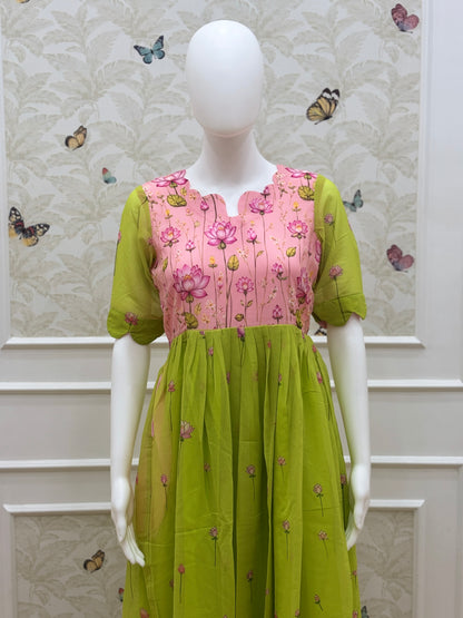 Lime Green Lotus Floral Georgette Non-Feeding Maxi