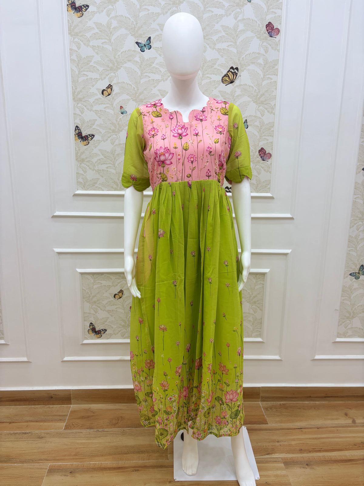 Lime Green Lotus Floral Georgette Non-Feeding Maxi