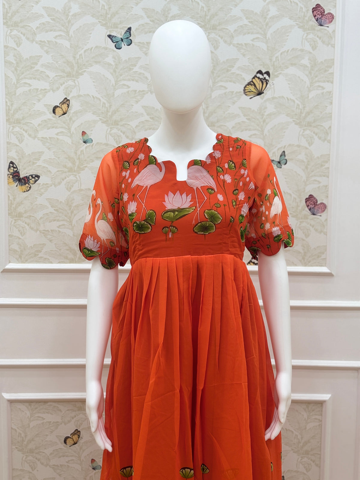 Orange Flamingo Floral Georgette Non-Feeding Maxi