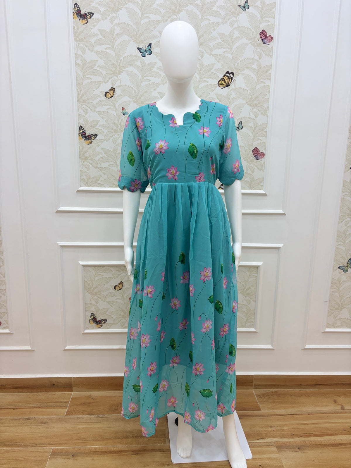 Aqua Blue Lotus Floral Georgette Non-Feeding Maxi