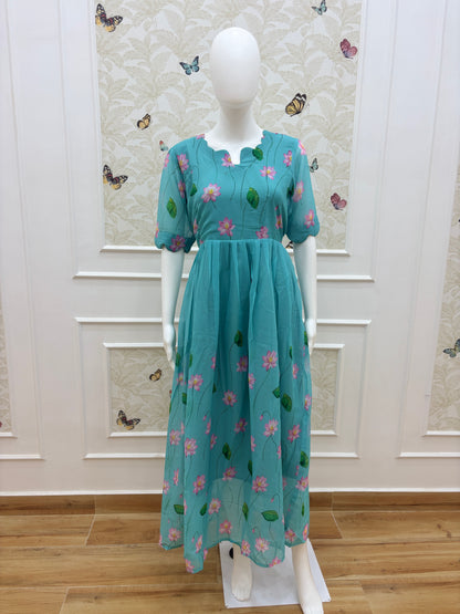 Aqua Blue Lotus Floral Georgette Non-Feeding Maxi