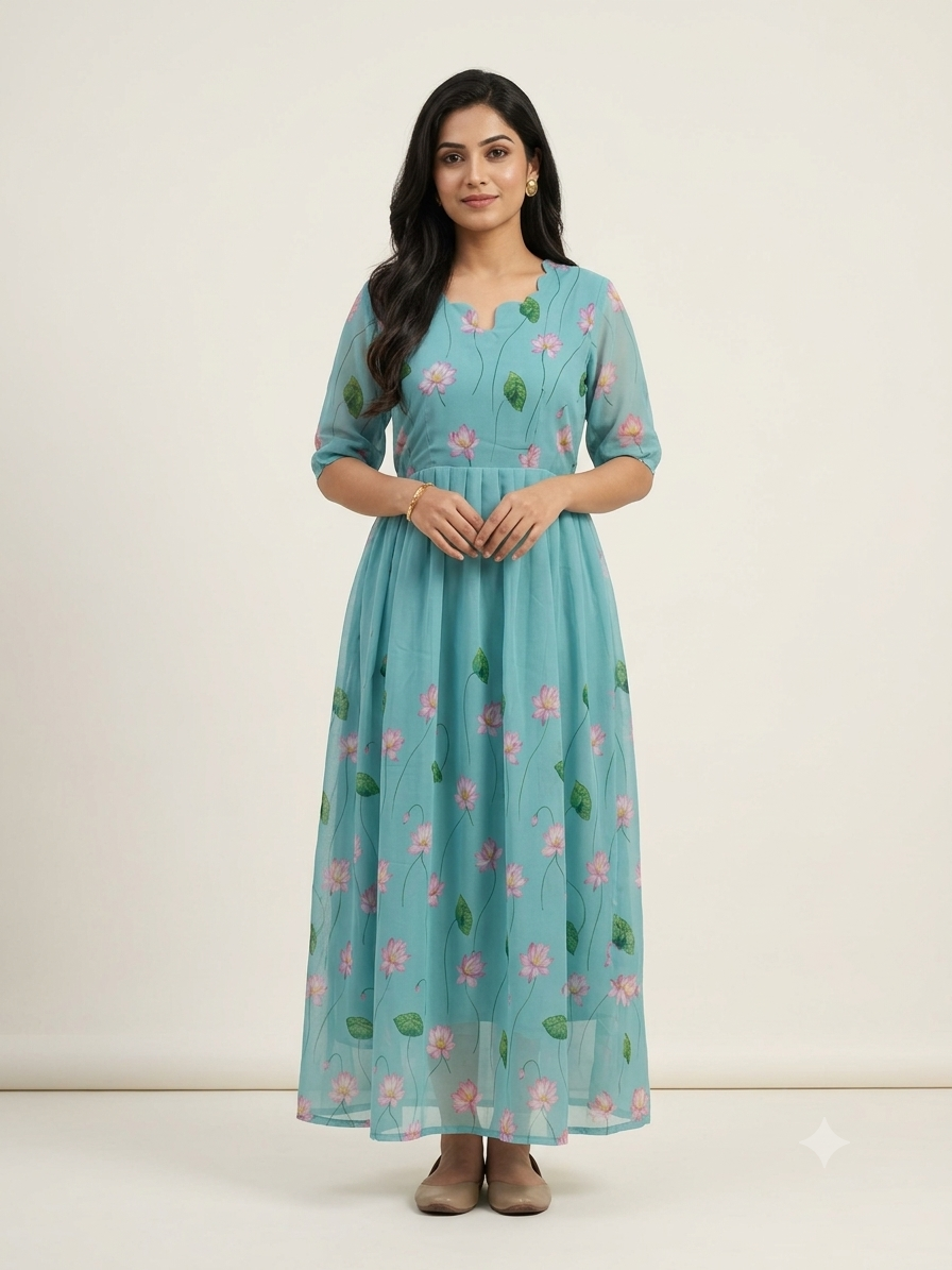 Aqua Blue Lotus Floral Georgette Non-Feeding Maxi