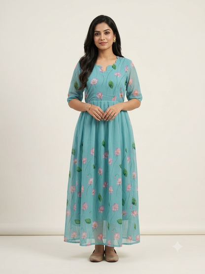 Aqua Blue Lotus Floral Georgette Non-Feeding Maxi