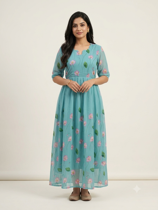 Aqua Blue Lotus Floral Print Georgette Non-Feeding Maxi