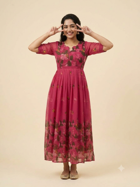 Rani Pink Floral Print Georgette Non-Feeding Maxi