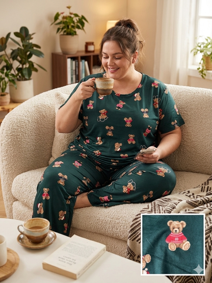 Dark Green Teddy Printed T-Shirt and Palazzo Set