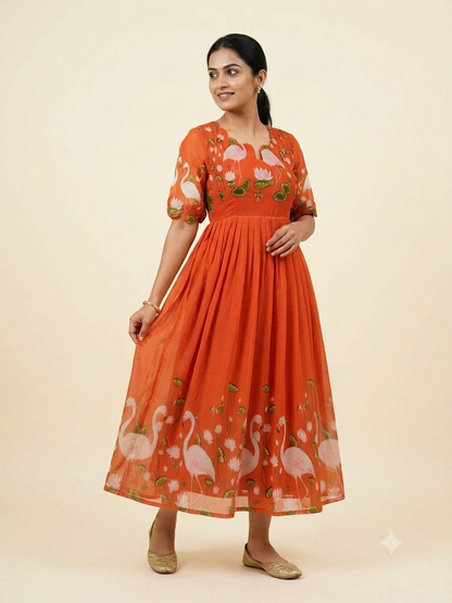 Orange Flamingo Floral Georgette Non-Feeding Maxi
